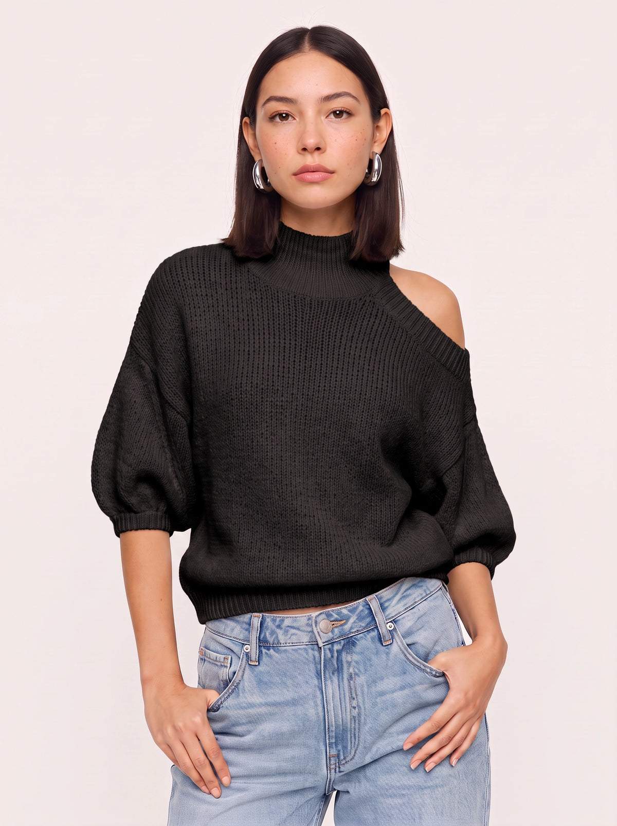 Cutholde Asymmetric Cold Shoulder Jumper – Chunky Knit Mock Neck Women Casual Autumn Winter Oversized Sweater