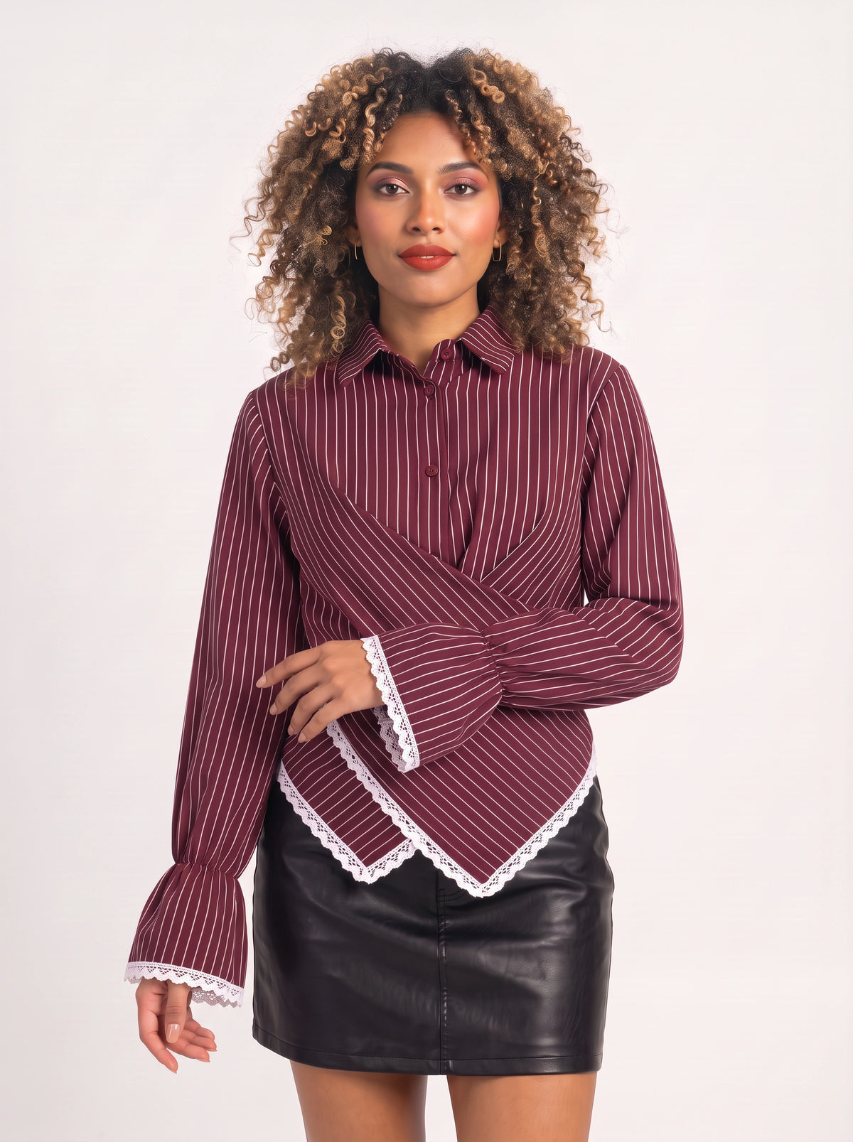 Crosdiara Asymmetric Crossover Shirt – Striped Long-Sleeve Women Office Formal Shirt