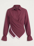 Crosdiara Asymmetric Crossover Shirt – Striped Long-Sleeve Women Office Formal Shirt