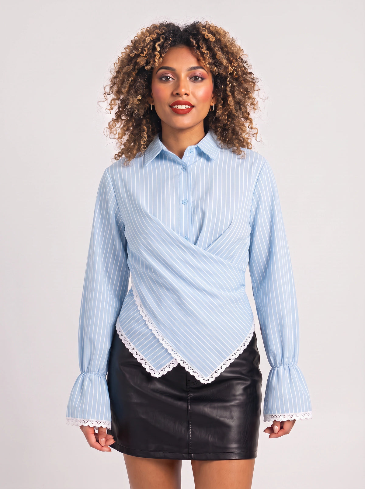 Crosdiara Asymmetric Crossover Shirt – Striped Long-Sleeve Women Office Formal Shirt