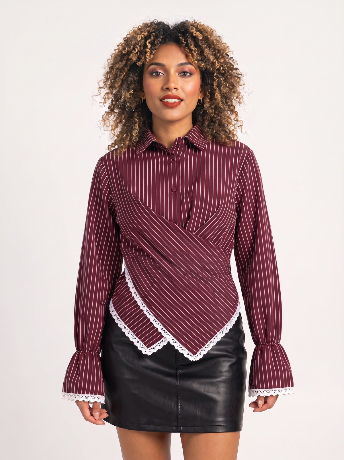 Crosdiara Asymmetric Crossover Shirt – Striped Long-Sleeve Women Office Formal Shirt