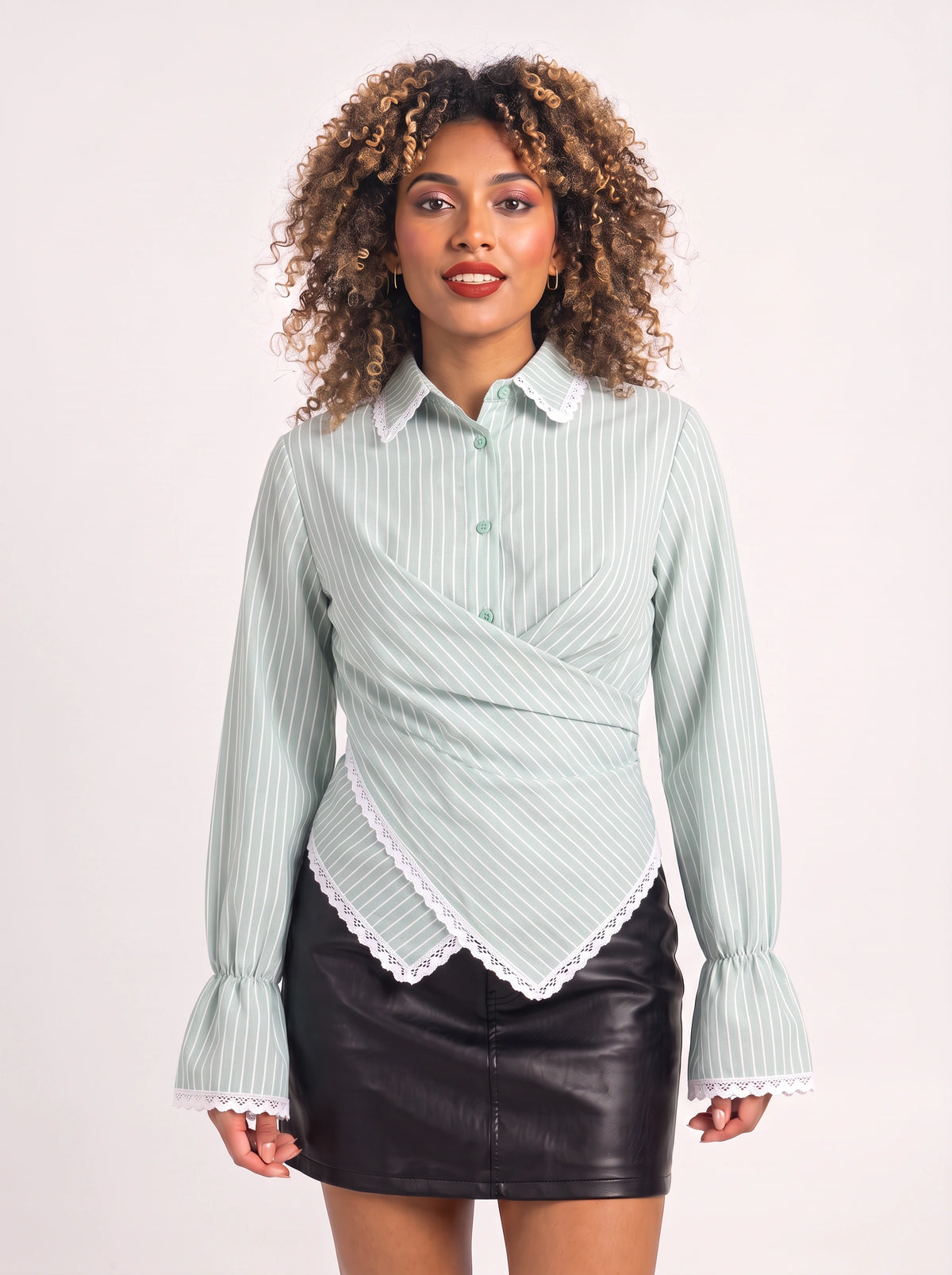 Crosdiara Asymmetric Crossover Shirt – Striped Long-Sleeve Women Office Formal Shirt