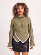 Crosdiara Asymmetric Crossover Shirt – Striped Long-Sleeve Women Office Formal Shirt