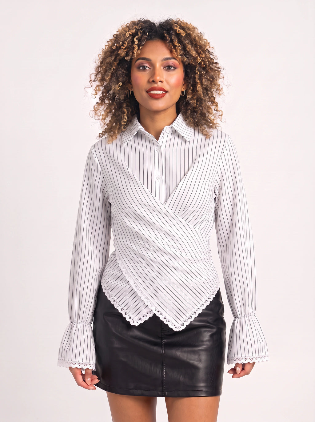 Crosdiara Asymmetric Crossover Shirt – Striped Long-Sleeve Women Office Formal Shirt