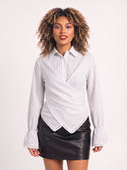 Crosdiara Asymmetric Crossover Shirt – Striped Long-Sleeve Women Office Formal Shirt