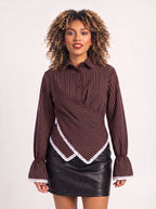 Crosdiara Asymmetric Crossover Shirt – Striped Long-Sleeve Women Office Formal Shirt