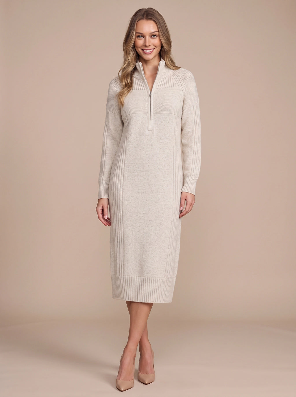 Ribbelle Half-Zip Knitted Midi Dress – Ribbed High Neck Women Cosy Autumn Winter Casual Everyday Midi Dress