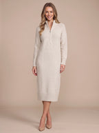Ribbelle Half-Zip Knitted Midi Dress – Ribbed High Neck Women Cosy Autumn Winter Casual Everyday Midi Dress