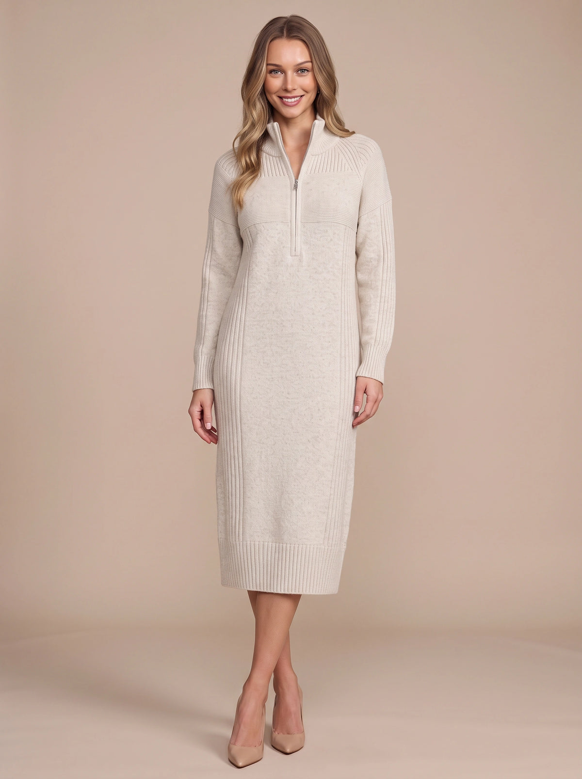 Ribbelle Half-Zip Knitted Midi Dress – Ribbed High Neck Women Cosy Autumn Winter Casual Everyday Midi Dress