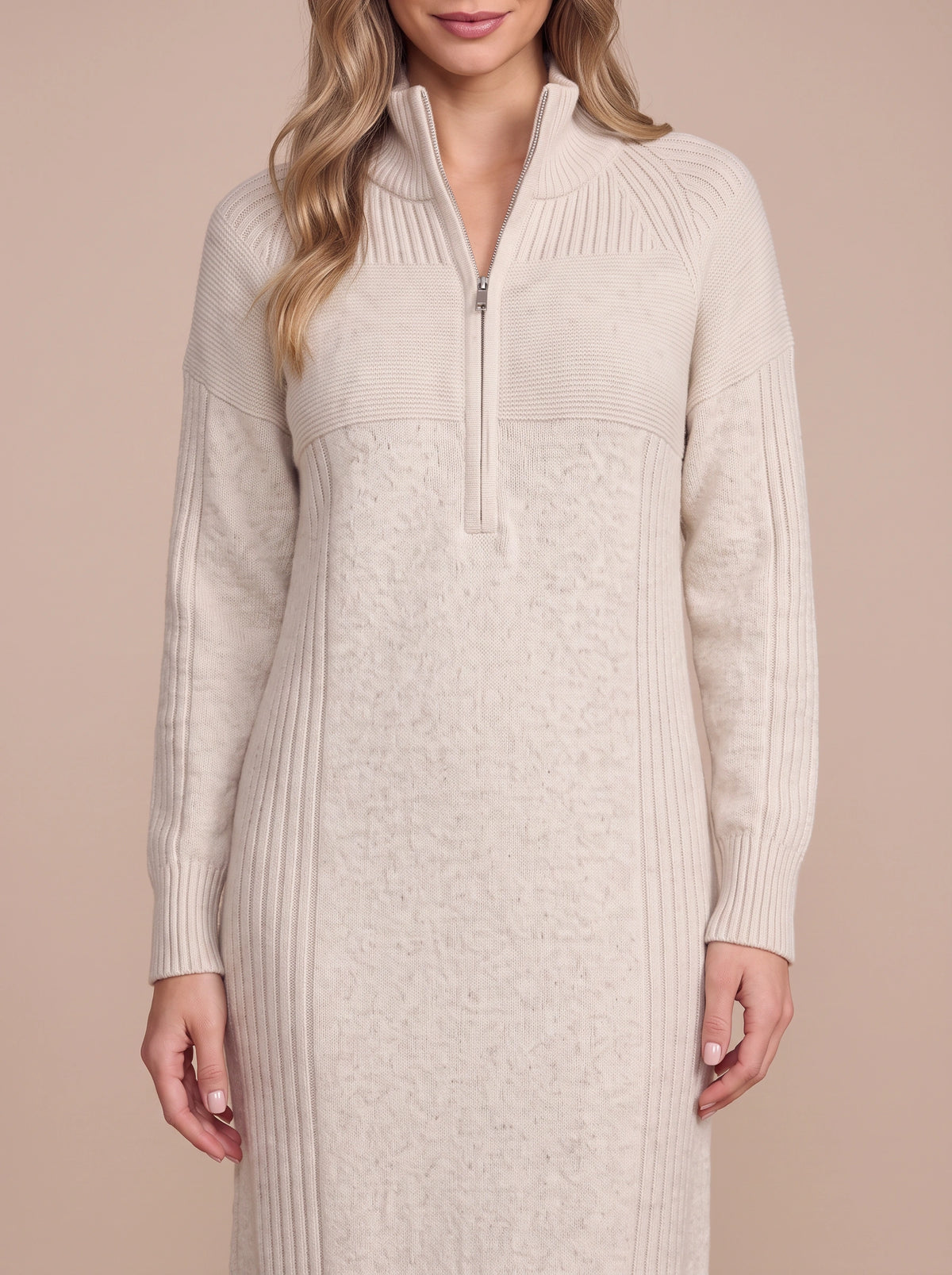 Ribbelle Half-Zip Knitted Midi Dress – Ribbed High Neck Women Cosy Autumn Winter Casual Everyday Midi Dress