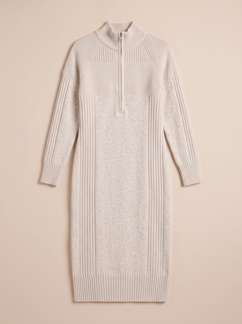 Ribbelle Half-Zip Knitted Midi Dress – Ribbed High Neck Women Cosy Autumn Winter Casual Everyday Midi Dress