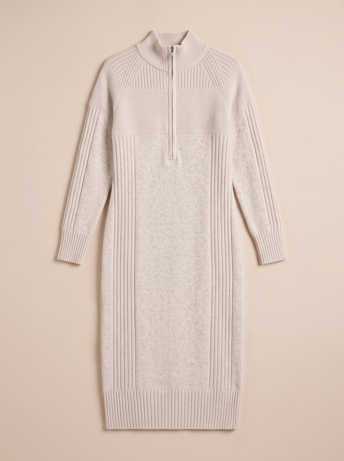 Ribbelle Half-Zip Knitted Midi Dress – Ribbed High Neck Women Cosy Autumn Winter Casual Everyday Midi Dress