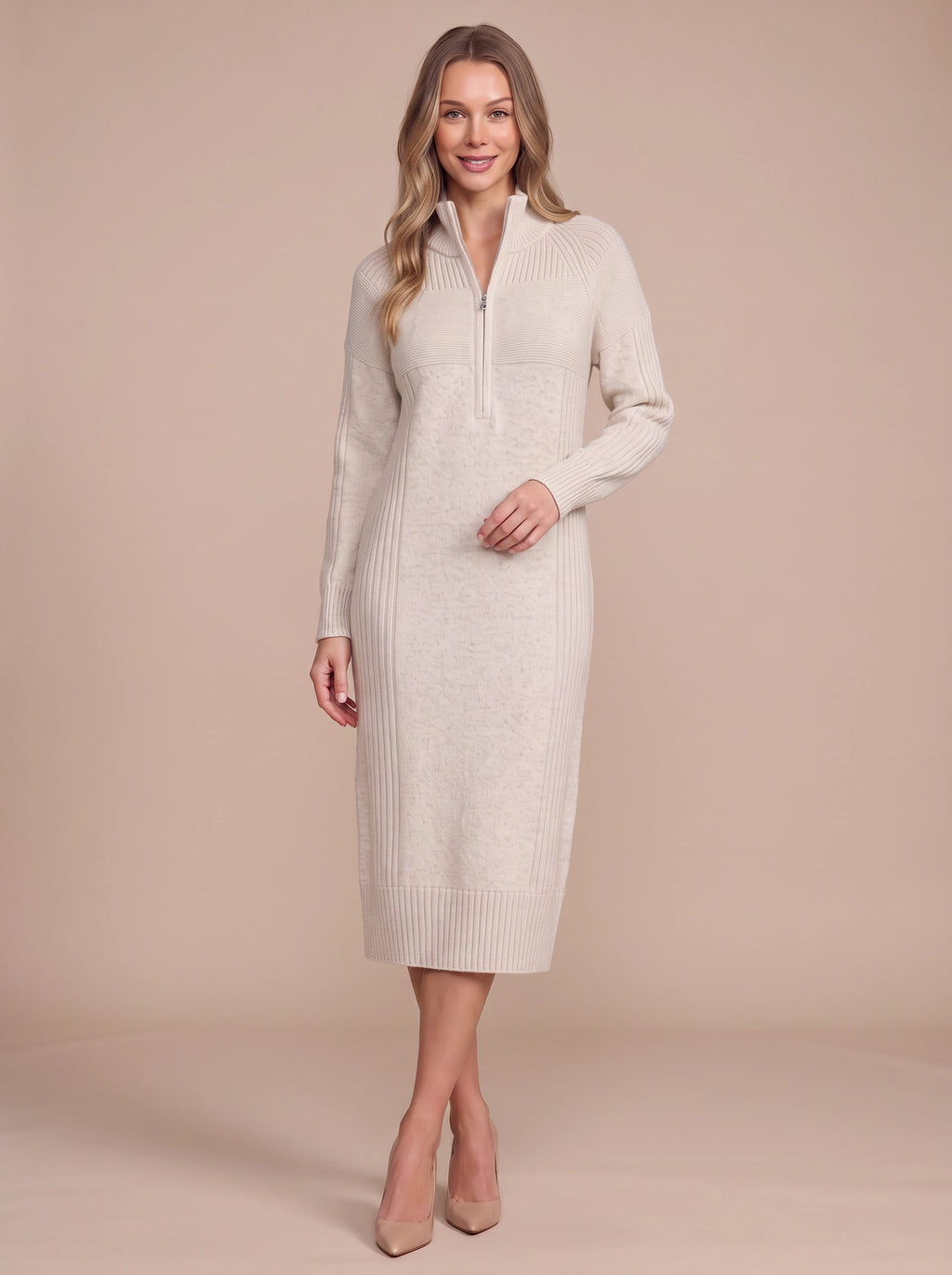 Ribbelle Half-Zip Knitted Midi Dress – Ribbed High Neck Women Cosy Autumn Winter Casual Everyday Midi Dress