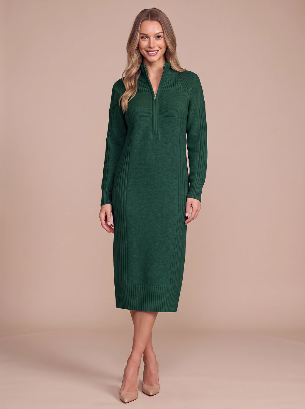 Ribbelle Half-Zip Knitted Midi Dress – Ribbed High Neck Women Cosy Autumn Winter Casual Everyday Midi Dress