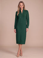 Ribbelle Half-Zip Knitted Midi Dress – Ribbed High Neck Women Cosy Autumn Winter Casual Everyday Midi Dress