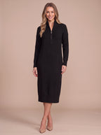 Ribbelle Half-Zip Knitted Midi Dress – Ribbed High Neck Women Cosy Autumn Winter Casual Everyday Midi Dress