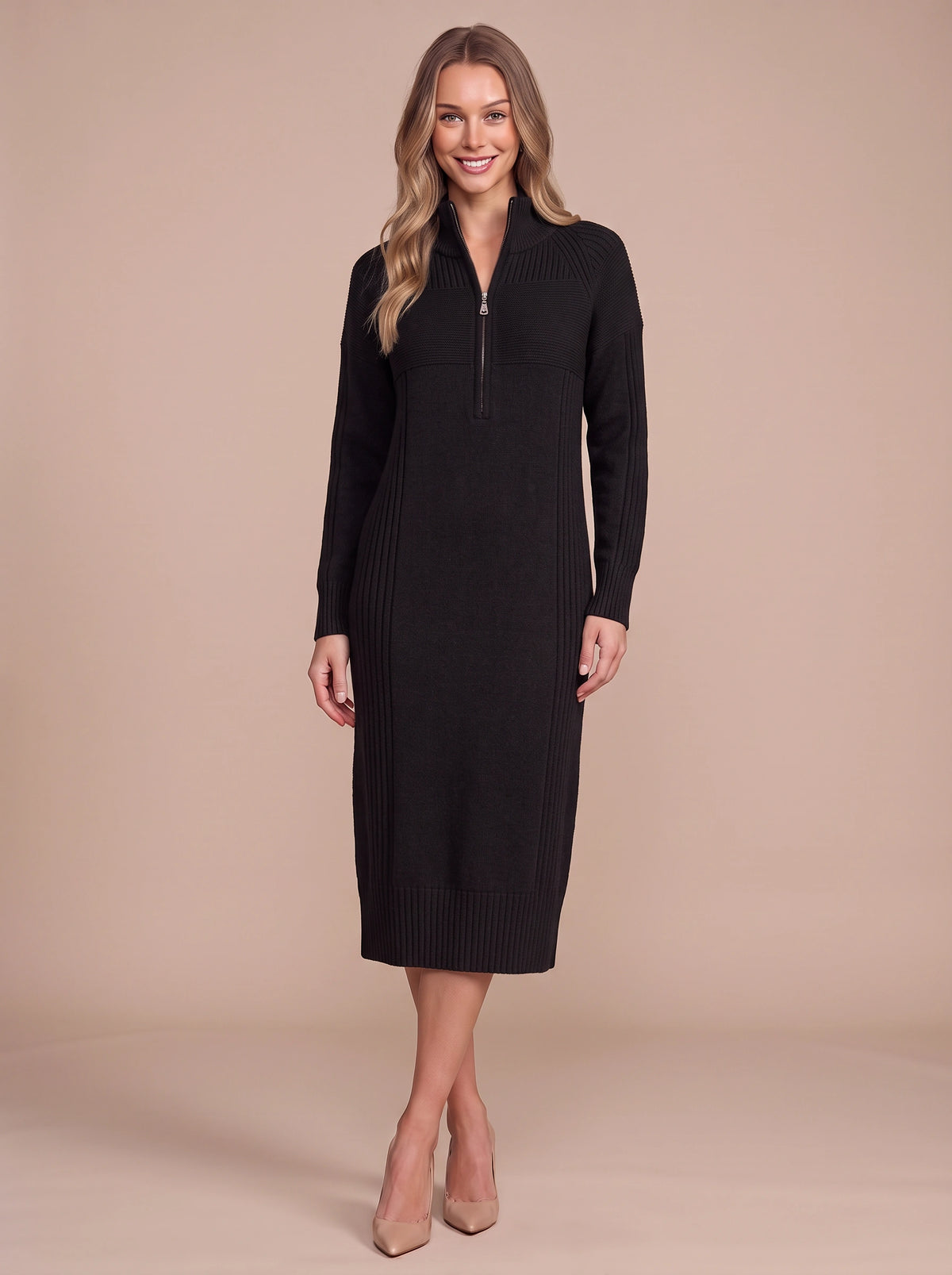Ribbelle Half-Zip Knitted Midi Dress – Ribbed High Neck Women Cosy Autumn Winter Casual Everyday Midi Dress