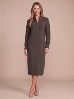 Ribbelle Half-Zip Knitted Midi Dress – Ribbed High Neck Women Cosy Autumn Winter Casual Everyday Midi Dress