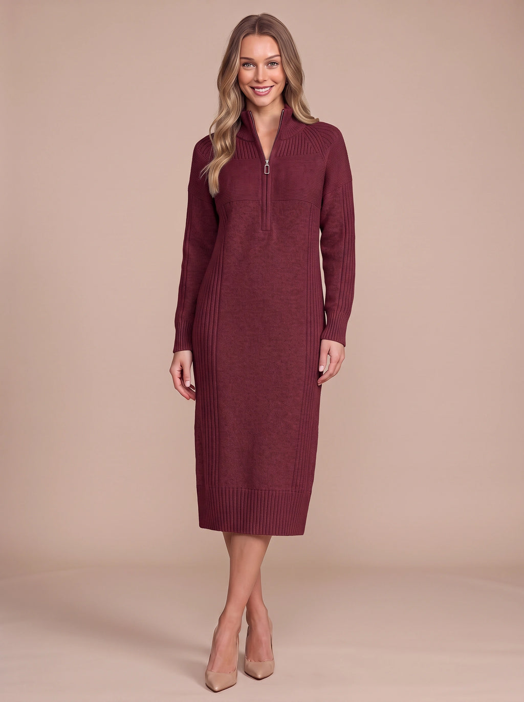 Ribbelle Half-Zip Knitted Midi Dress – Ribbed High Neck Women Cosy Autumn Winter Casual Everyday Midi Dress