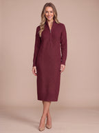 Ribbelle Half-Zip Knitted Midi Dress – Ribbed High Neck Women Cosy Autumn Winter Casual Everyday Midi Dress