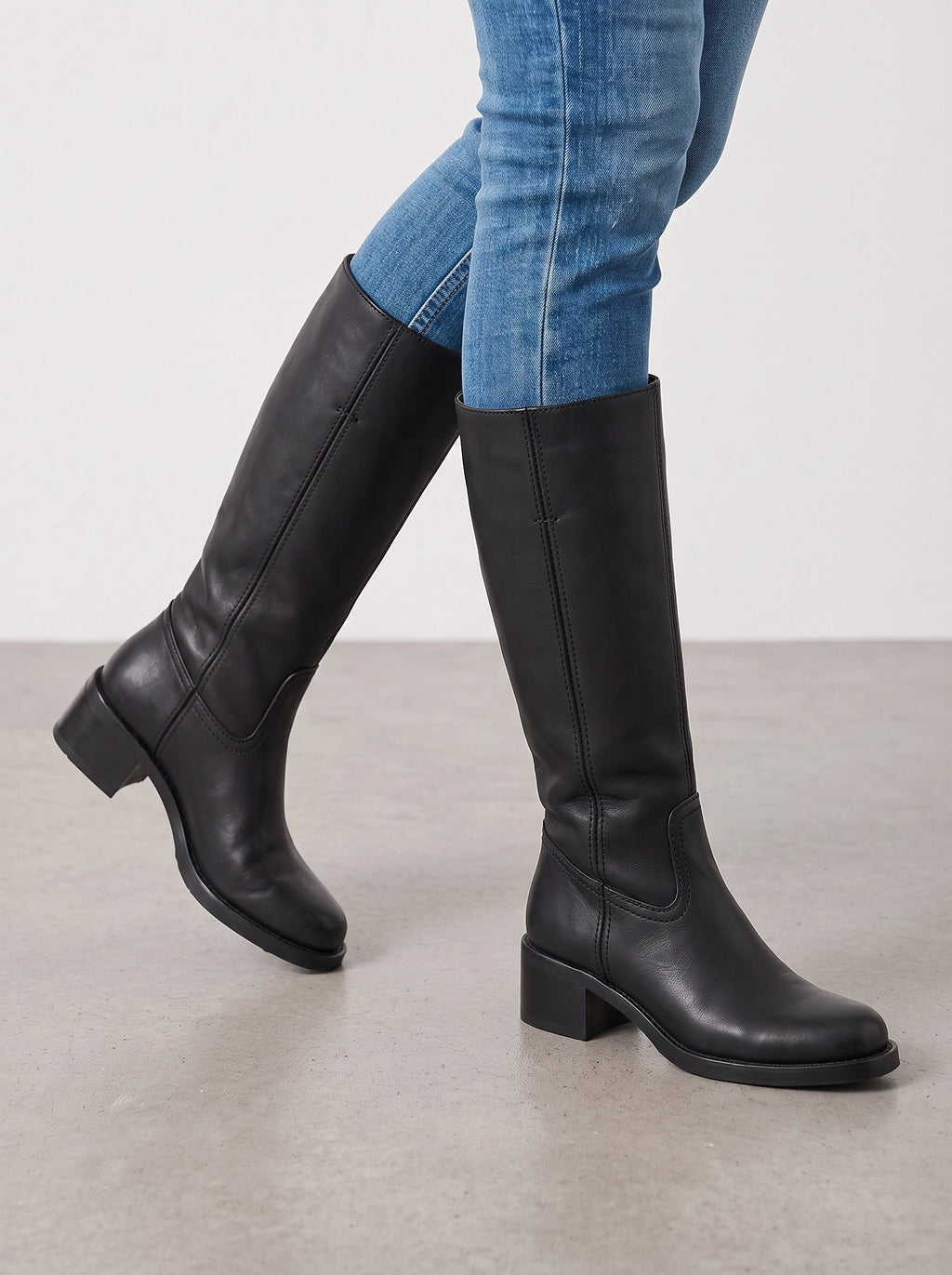 Stisseme Knee-High Western Boots – Square-Toe Low Block-Heel Leather Women Casual Autumn Winter Everyday Knee-High Boots