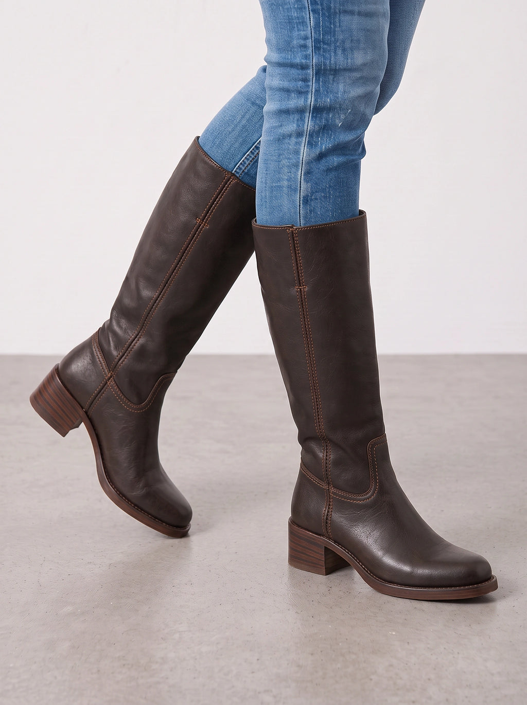 Stisseme Knee-High Western Boots – Square-Toe Low Block-Heel Leather Women Casual Autumn Winter Everyday Knee-High Boots