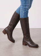 Stisseme Knee-High Western Boots – Square-Toe Low Block-Heel Leather Women Casual Autumn Winter Everyday Knee-High Boots