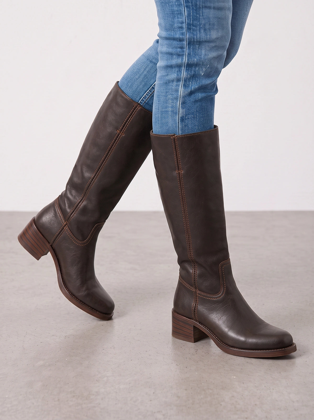 Stisseme Knee-High Western Boots – Square-Toe Low Block-Heel Leather Women Casual Autumn Winter Everyday Knee-High Boots