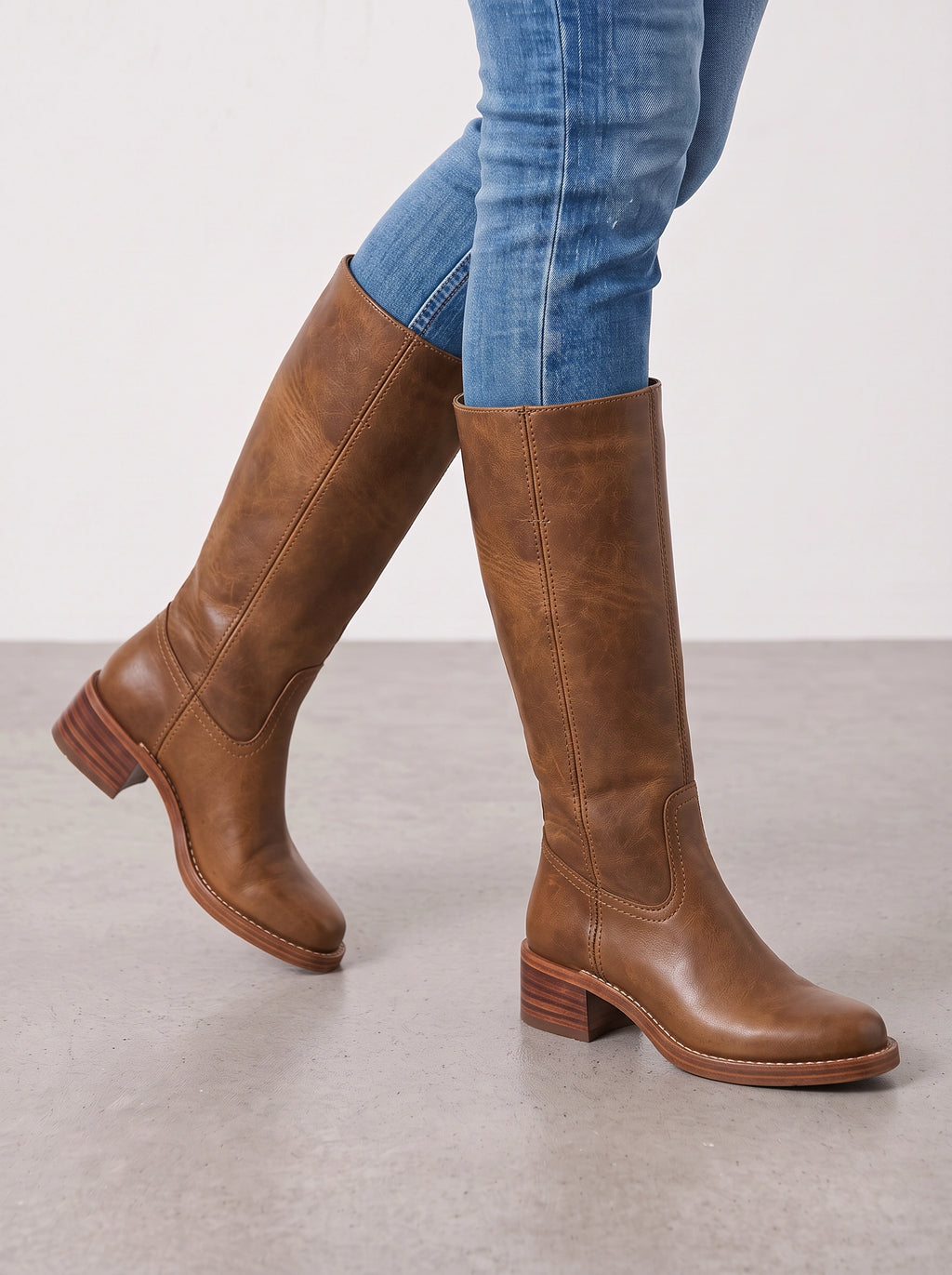 Stisseme Knee-High Western Boots – Square-Toe Low Block-Heel Leather Women Casual Autumn Winter Everyday Knee-High Boots