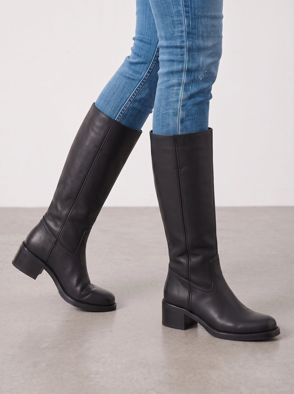 Stisseme Knee-High Western Boots – Square-Toe Low Block-Heel Leather Women Casual Autumn Winter Everyday Knee-High Boots