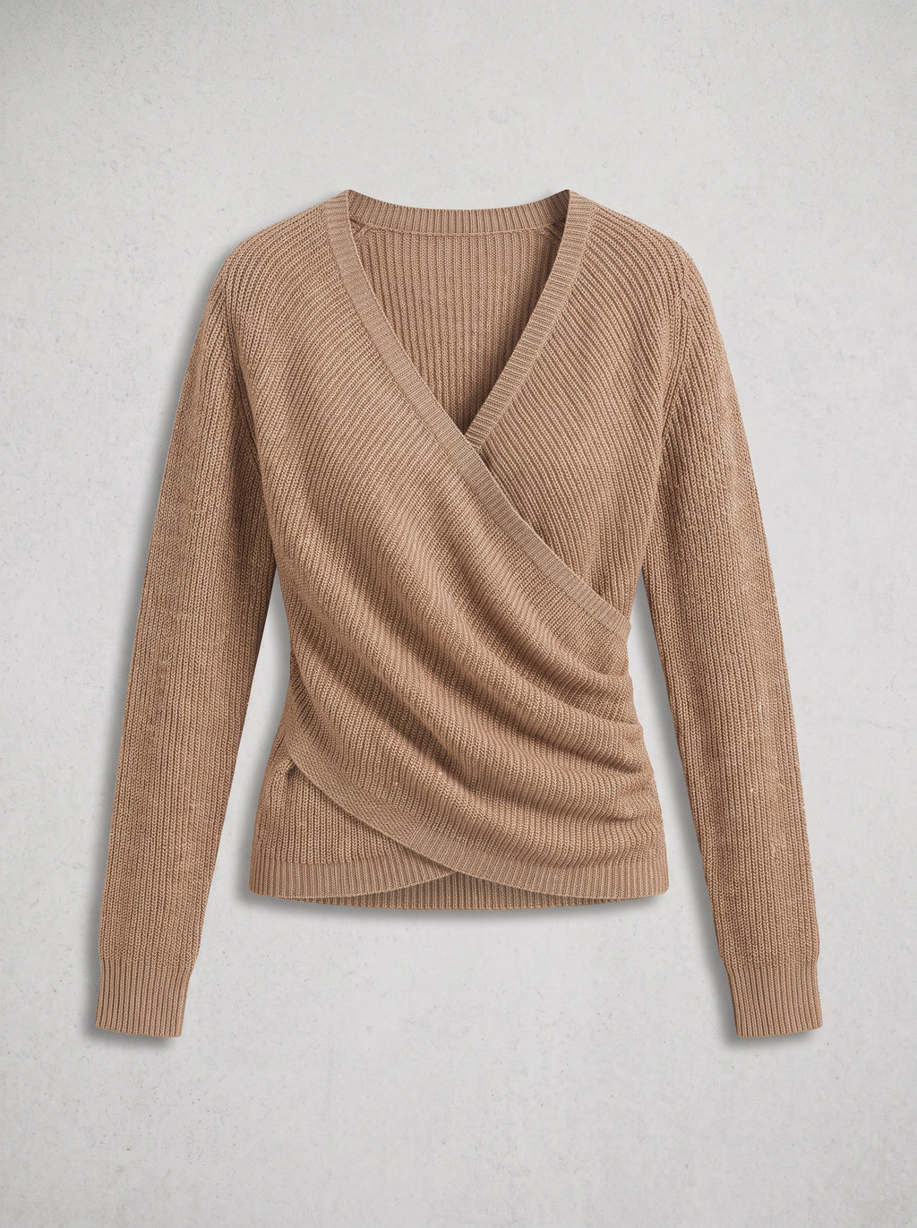 Chevrib Draped V-Neck Knit Top – Ribbed Long-Sleeve Women Casual Smart Everyday Relaxed Jumper Top