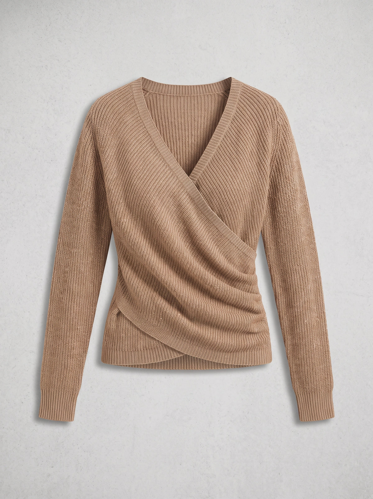 Chevrib Draped V-Neck Knit Top – Ribbed Long-Sleeve Women Casual Smart Everyday Relaxed Jumper Top