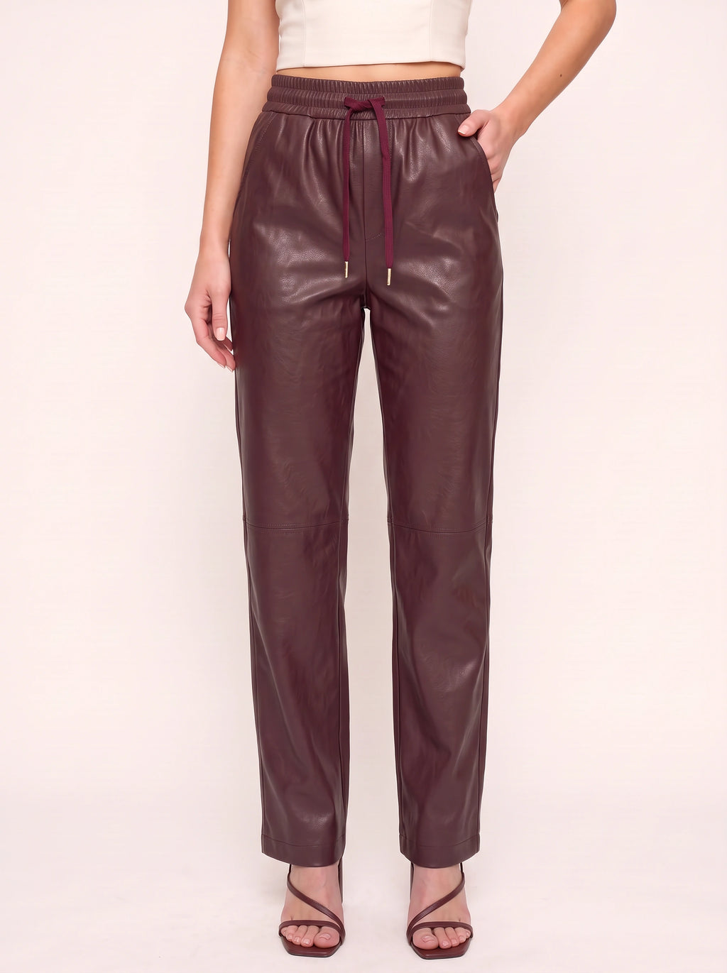 Smoquira High-Waist Tapered Trousers – Faux Leather Drawstring Women Casual Autumn Winter Smart Everyday Trousers