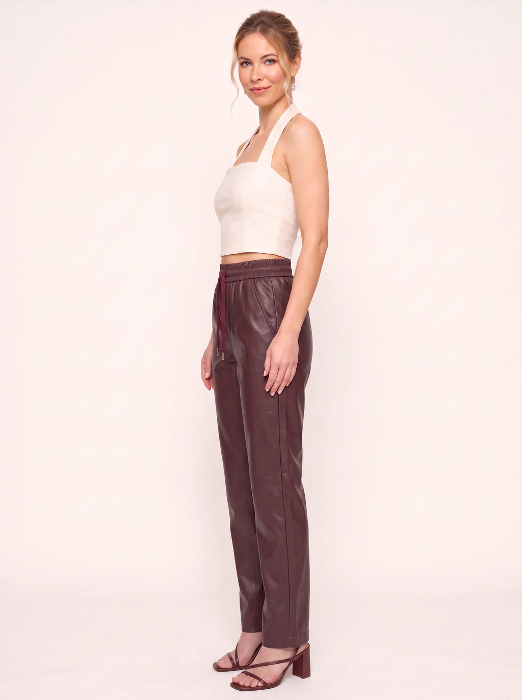 Smoquira High-Waist Tapered Trousers – Faux Leather Drawstring Women Casual Autumn Winter Smart Everyday Trousers