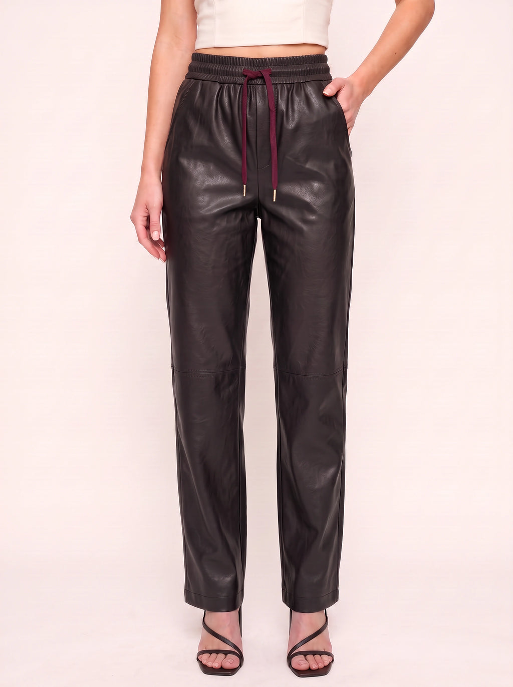Smoquira High-Waist Tapered Trousers – Faux Leather Drawstring Women Casual Autumn Winter Smart Everyday Trousers