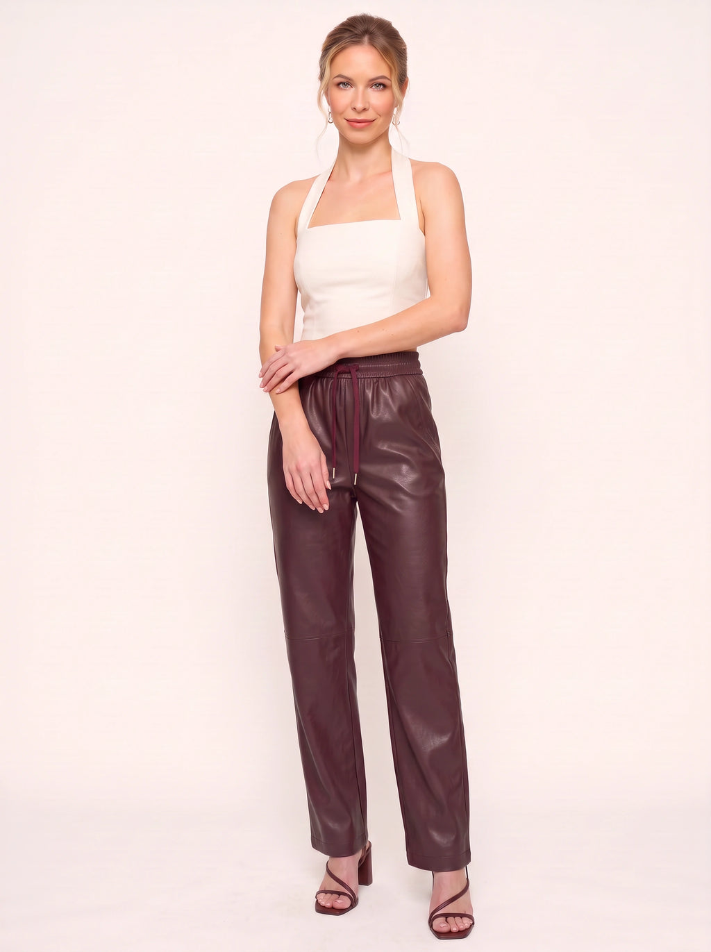 Smoquira High-Waist Tapered Trousers – Faux Leather Drawstring Women Casual Autumn Winter Smart Everyday Trousers