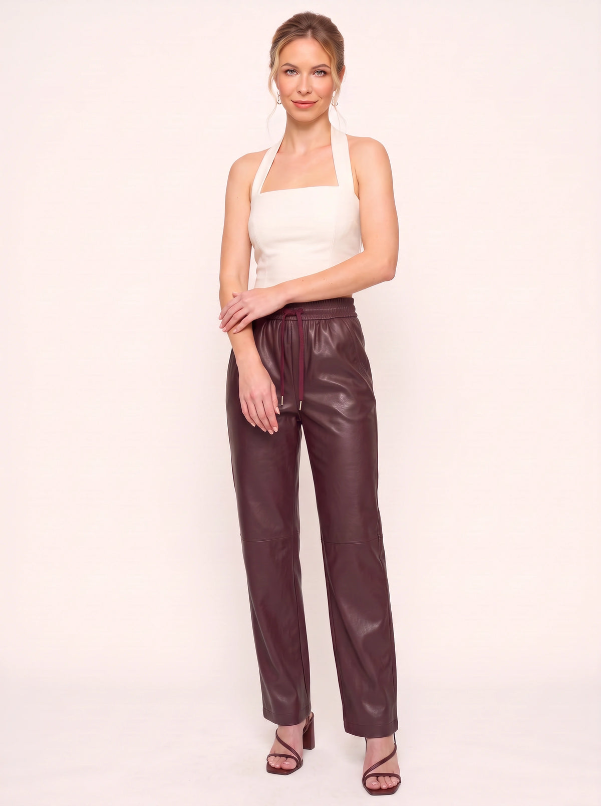 Smoquira High-Waist Tapered Trousers – Faux Leather Drawstring Women Casual Autumn Winter Smart Everyday Trousers