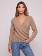 Chevrib Draped V-Neck Knit Top – Ribbed Long-Sleeve Women Casual Smart Everyday Relaxed Jumper Top