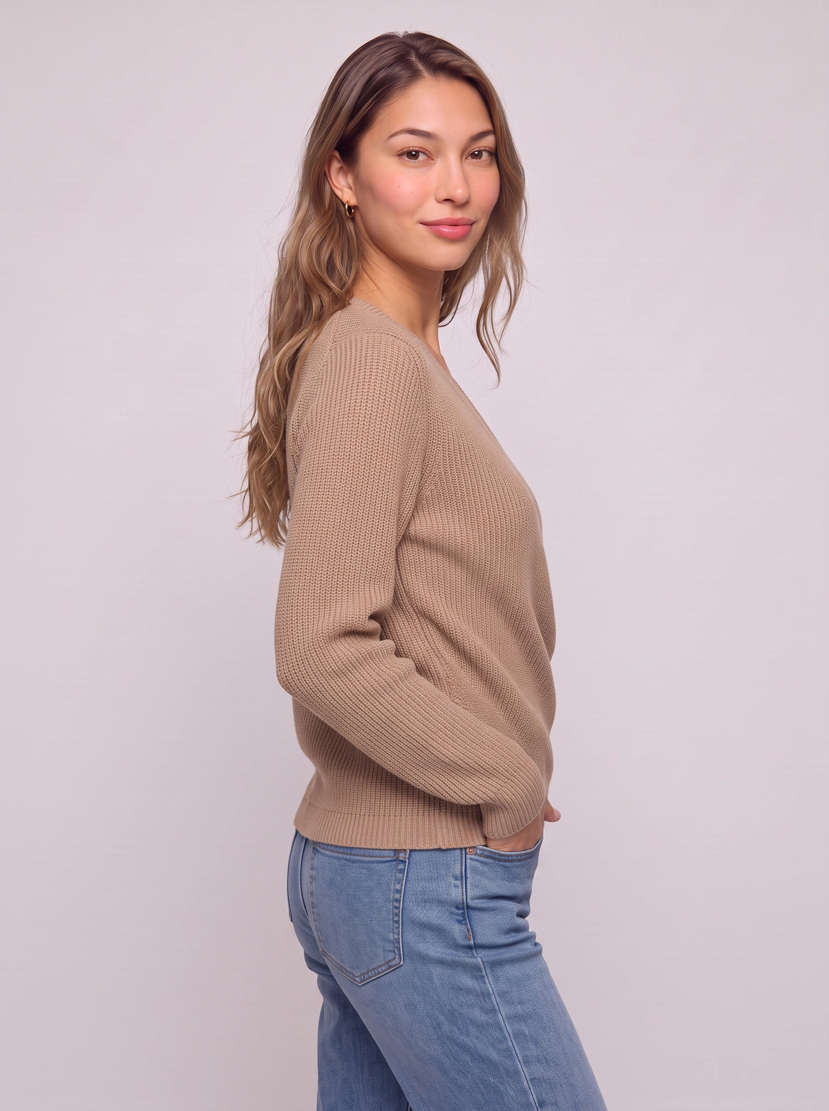 Chevrib Draped V-Neck Knit Top – Ribbed Long-Sleeve Women Casual Smart Everyday Relaxed Jumper Top