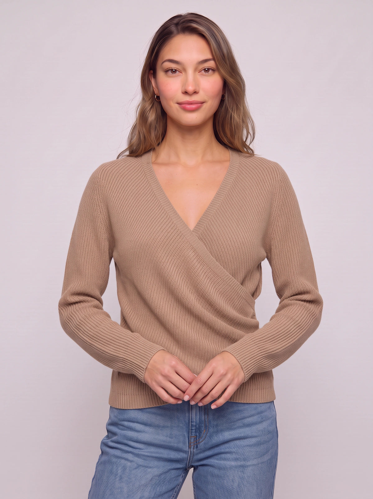 Chevrib Draped V-Neck Knit Top – Ribbed Long-Sleeve Women Casual Smart Everyday Relaxed Jumper Top