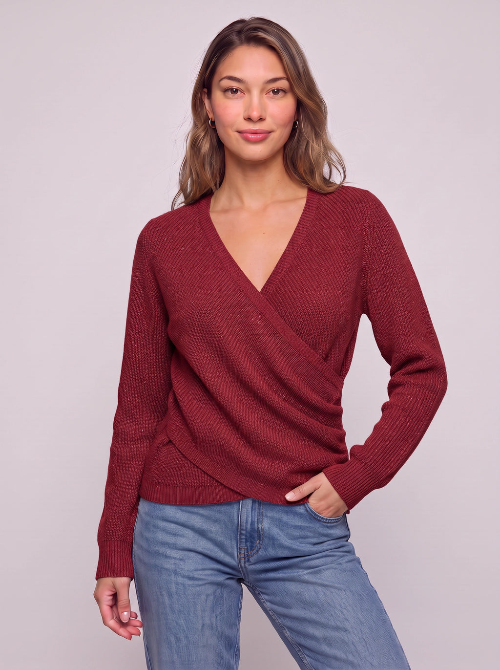 Chevrib Draped V-Neck Knit Top – Ribbed Long-Sleeve Women Casual Smart Everyday Relaxed Jumper Top