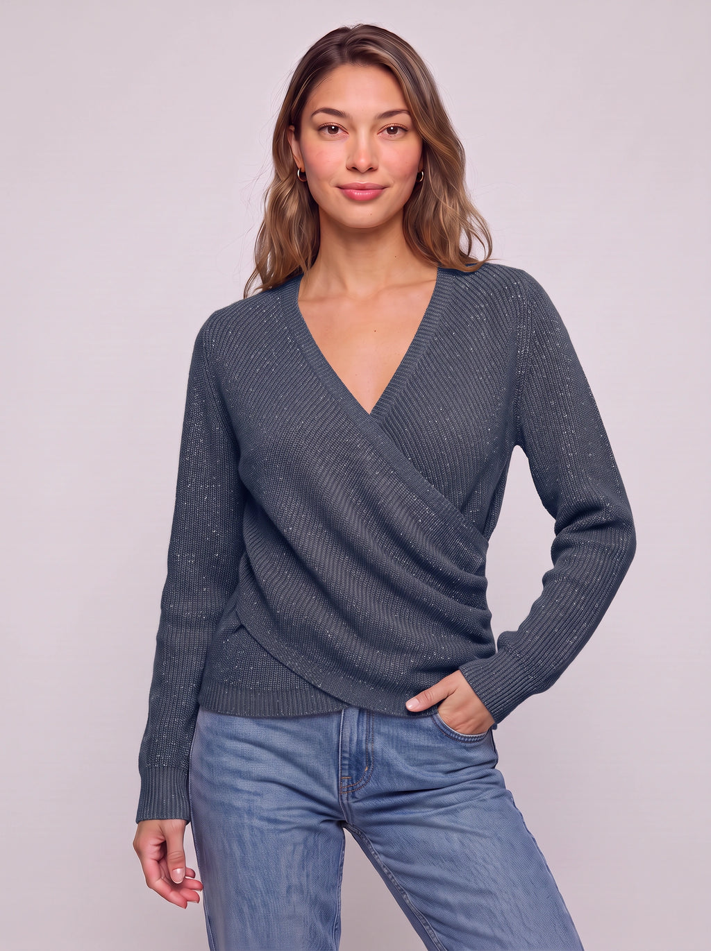 Chevrib Draped V-Neck Knit Top – Ribbed Long-Sleeve Women Casual Smart Everyday Relaxed Jumper Top