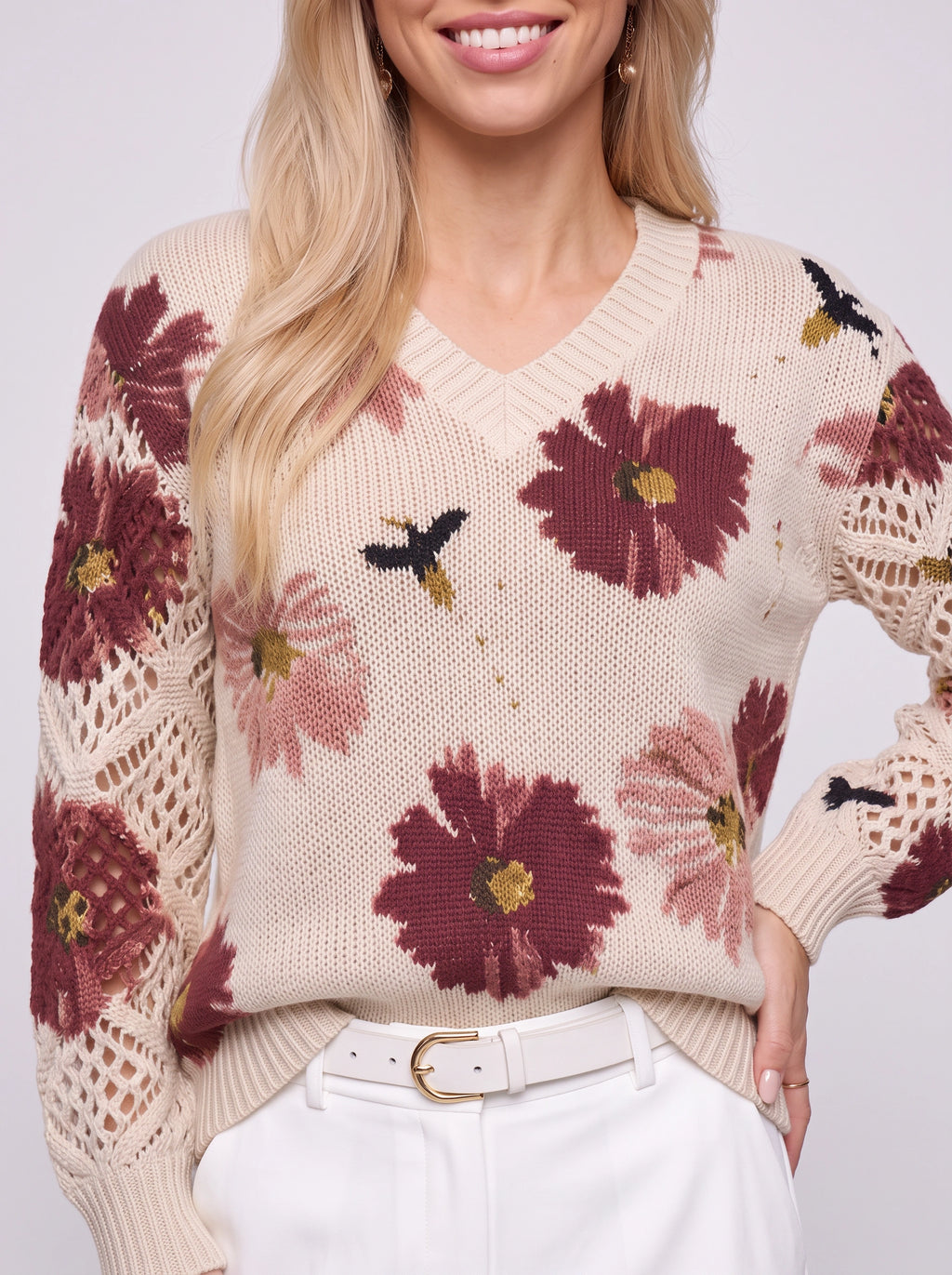 Crochella Floral V-Neck Jumper – Flower Knitwear Women Crochet Sleeve Casual Spring Autumn Knit Sweater