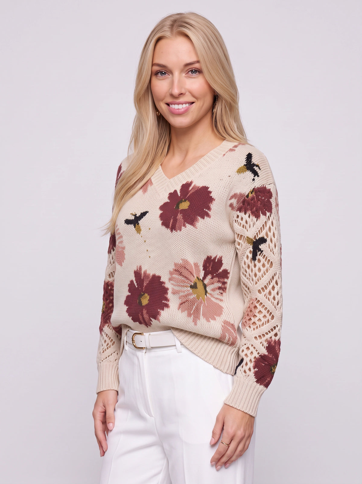 Crochella Floral V-Neck Jumper – Flower Knitwear Women Crochet Sleeve Casual Spring Autumn Knit Sweater