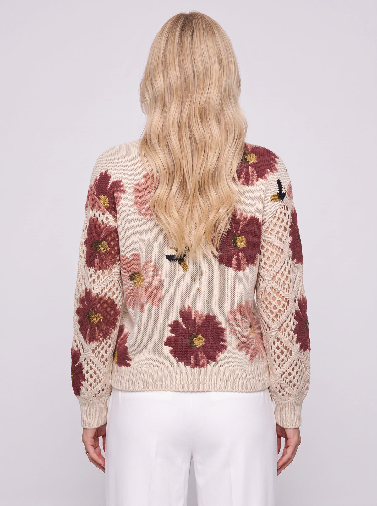 Crochella Floral V-Neck Jumper – Flower Knitwear Women Crochet Sleeve Casual Spring Autumn Knit Sweater