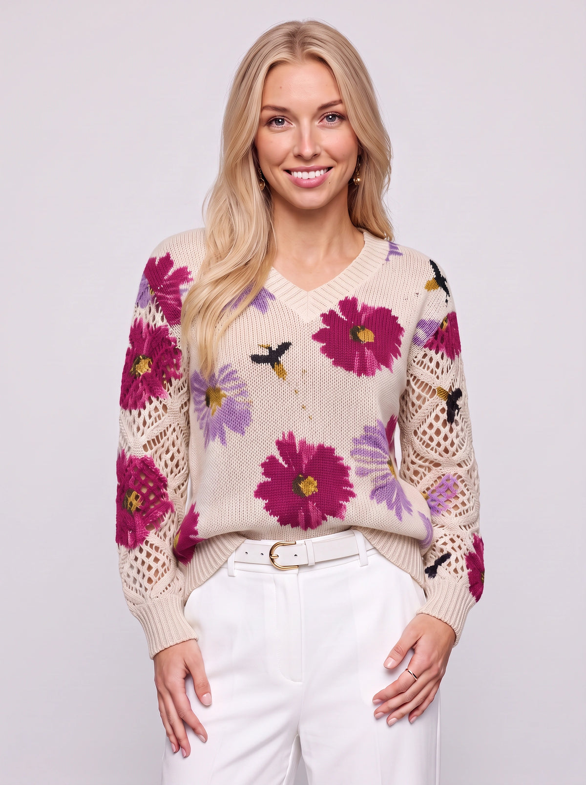 Crochella Floral V-Neck Jumper – Flower Knitwear Women Crochet Sleeve Casual Spring Autumn Knit Sweater