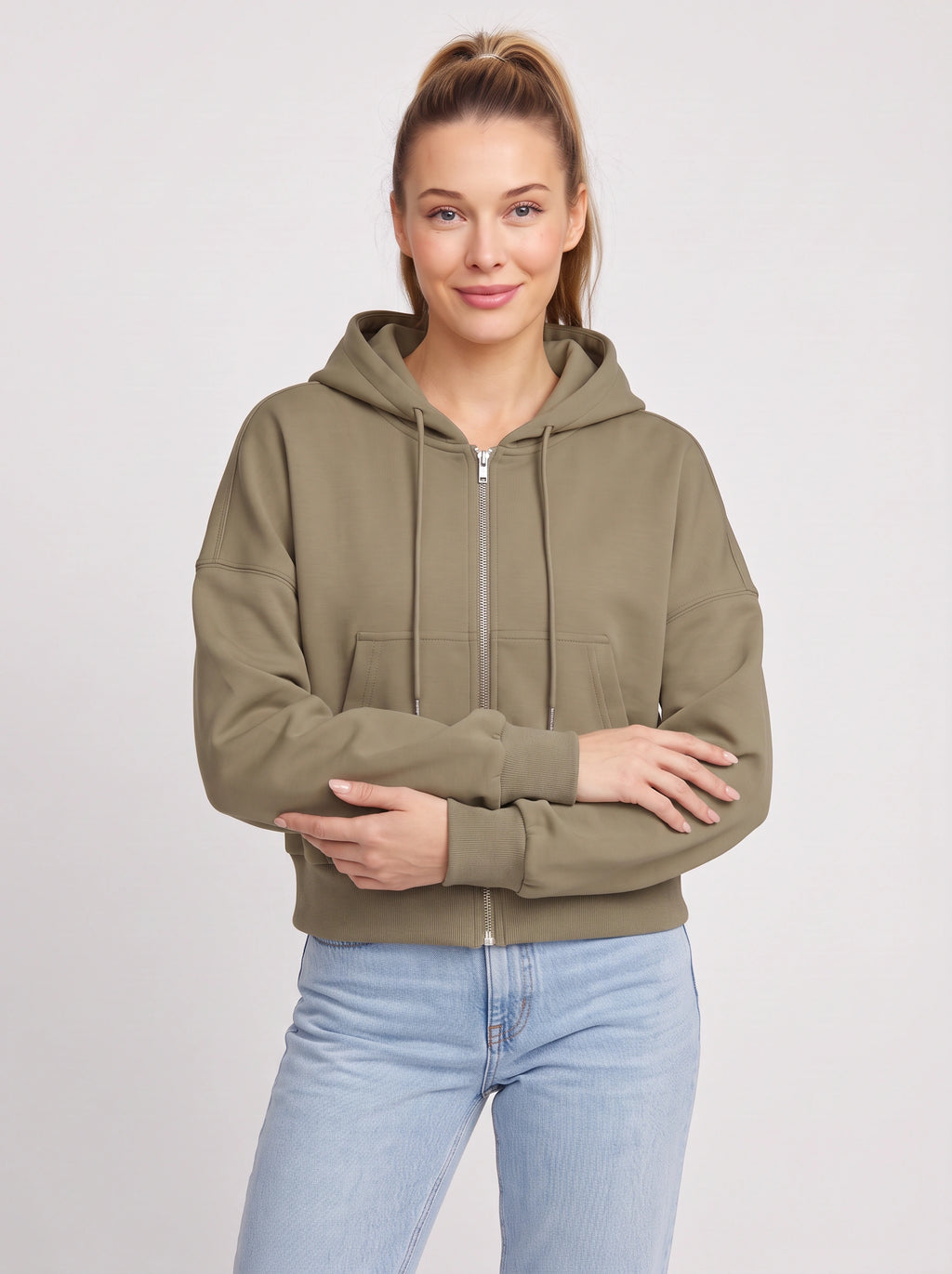 Ribcara Oversized Cropped Zip Hoodie – Women Relaxed Fit Casual Streetwear Drawstring Hooded Jacket