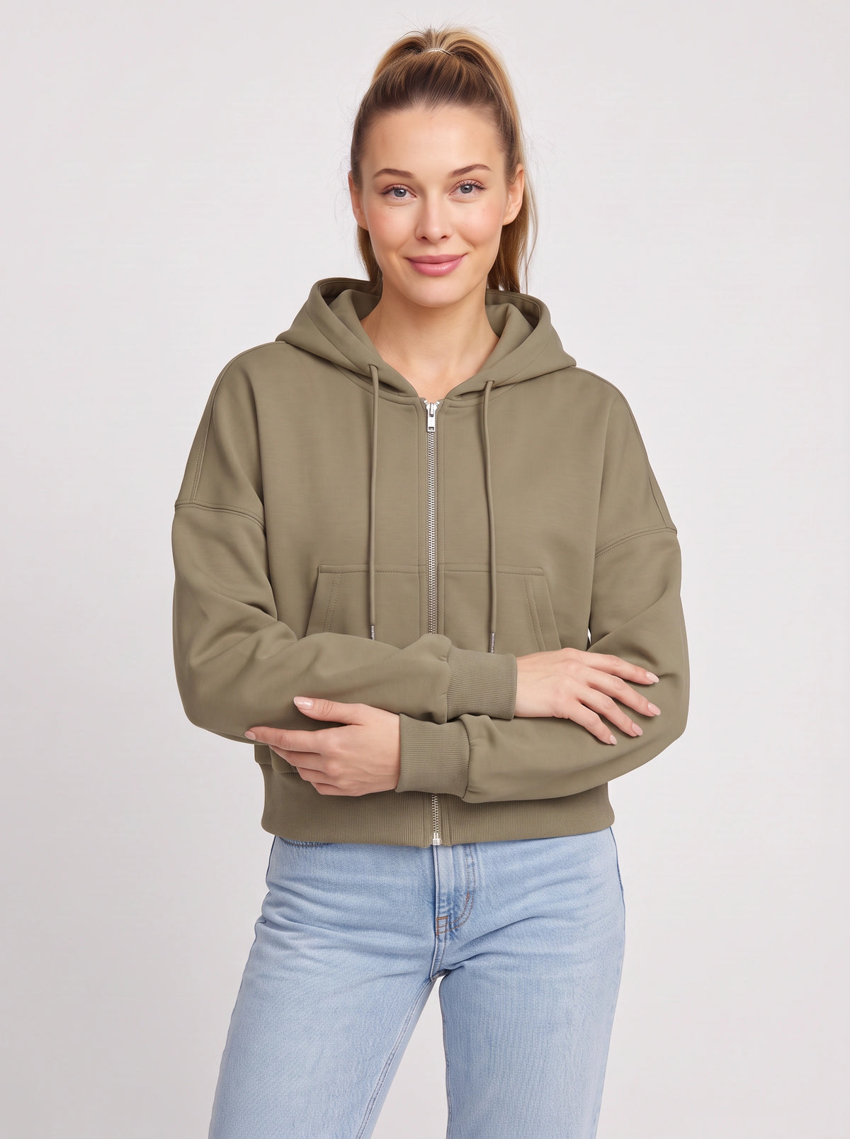 Ribcara Oversized Cropped Zip Hoodie – Women Relaxed Fit Casual Streetwear Drawstring Hooded Jacket