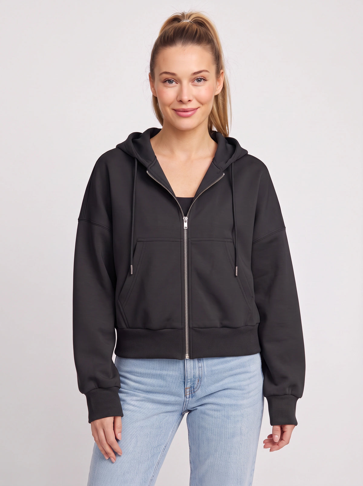 Ribcara Oversized Cropped Zip Hoodie – Women Relaxed Fit Casual Streetwear Drawstring Hooded Jacket