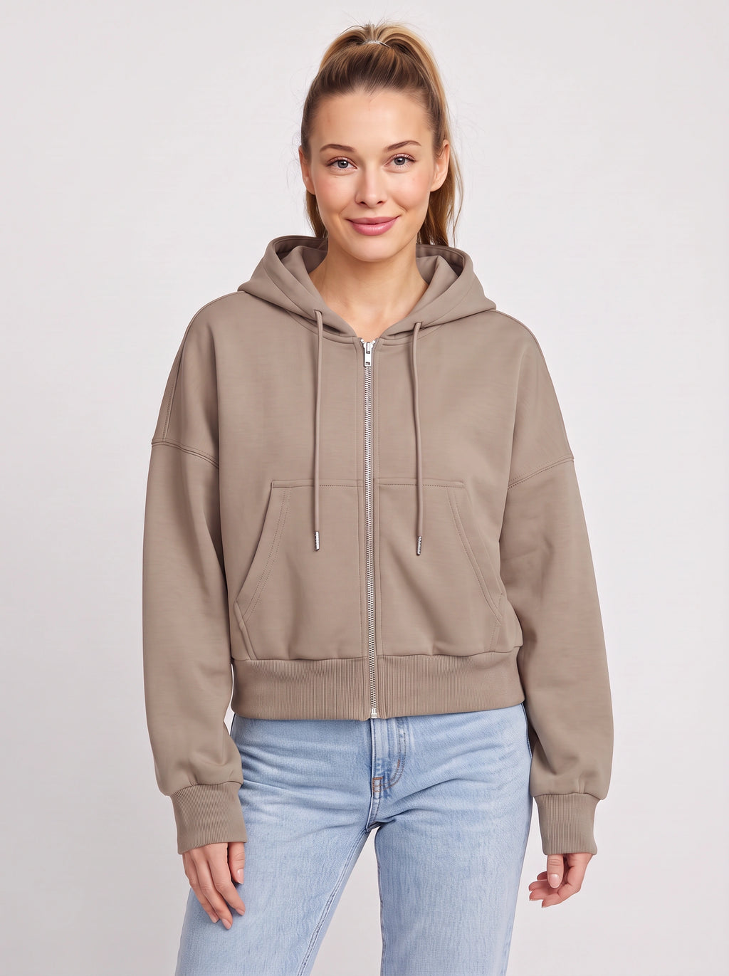 Ribcara Oversized Cropped Zip Hoodie – Women Relaxed Fit Casual Streetwear Drawstring Hooded Jacket